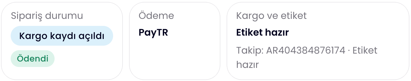 Sipariş durumu: Kargo kaydı açıldı, Ödendi. Ödeme: PayTR. Kargo ve etiket: Etiket hazır